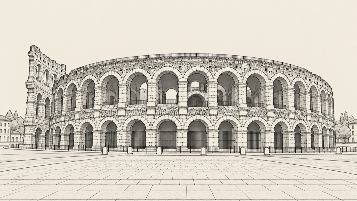 Disegno al tratto dell’Arena di Verona vista di fronte da Piazza Bra